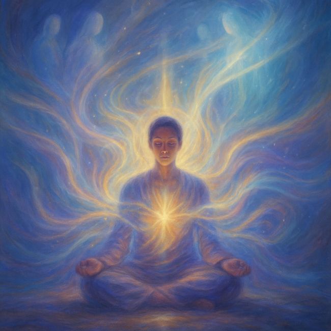 Person in tiefer Meditation umgeben von leuchtenden, sanften Energie­strömen, die aus dem Herzraum strömen